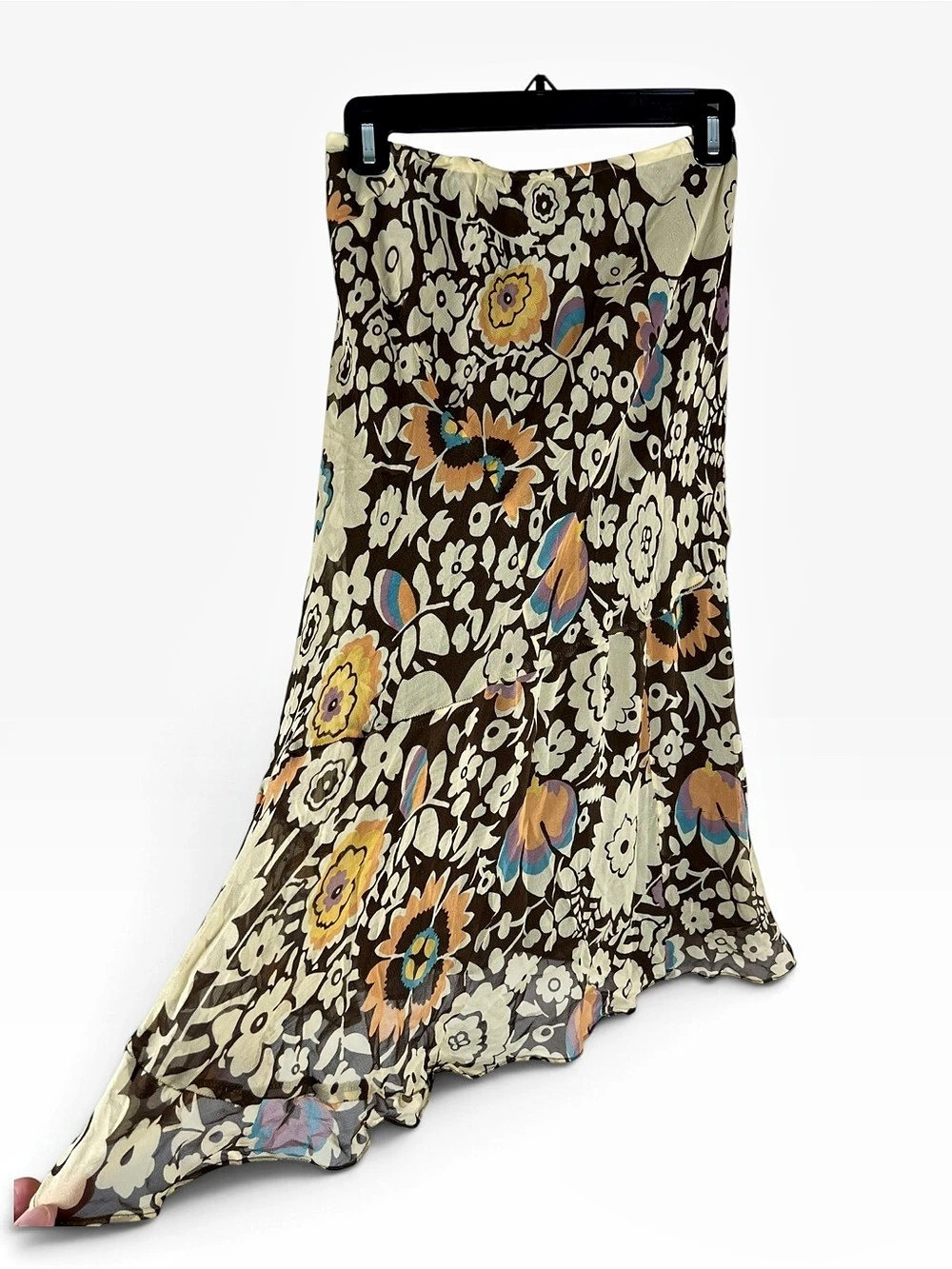 Anne Klein Womens Bias Cut Silk Skirt Size 4 Brown Floral Handkerchief Whimsigot